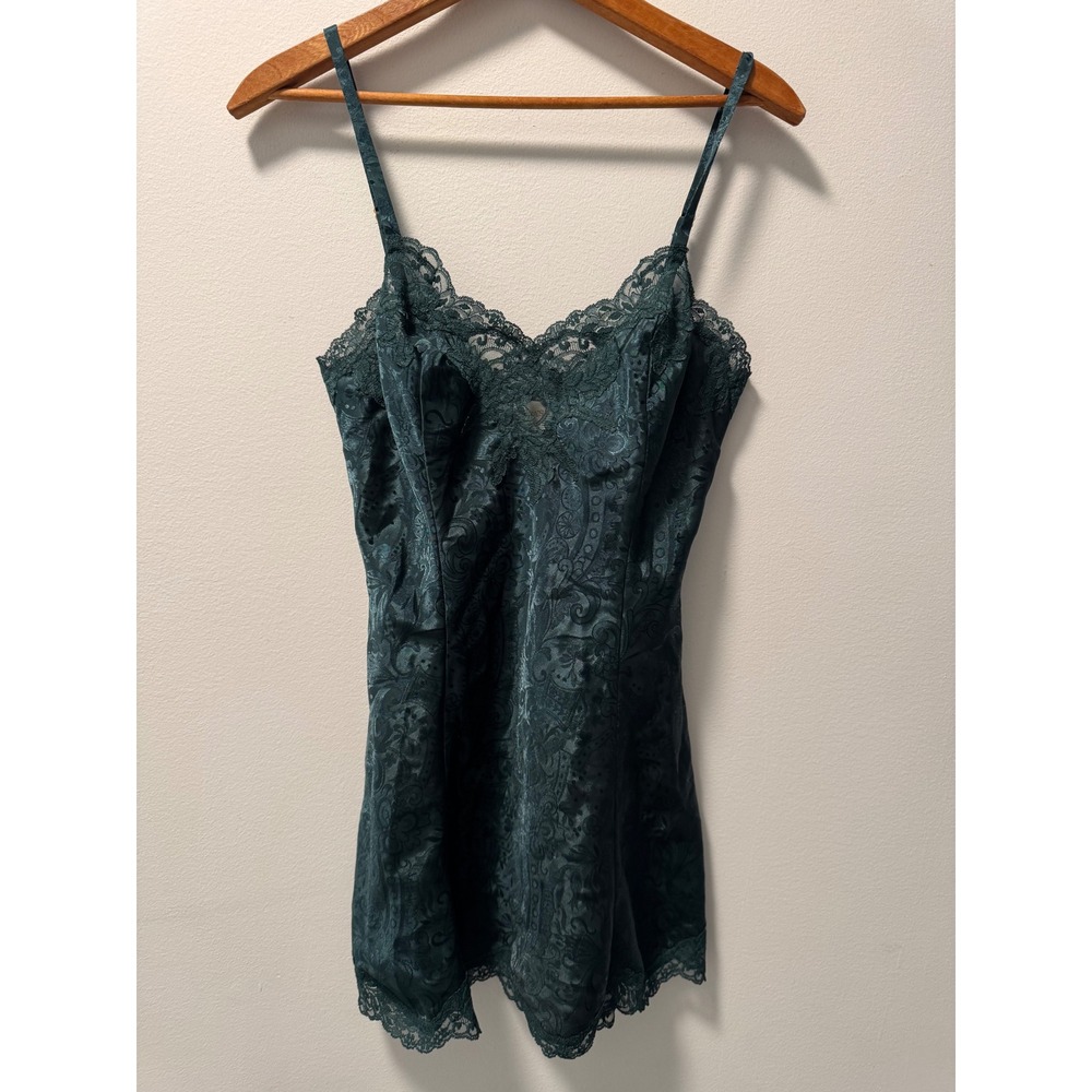 Vintage Victoria's Secret Gold Label Emerald Green Paisley Satin Lace Slip Dress